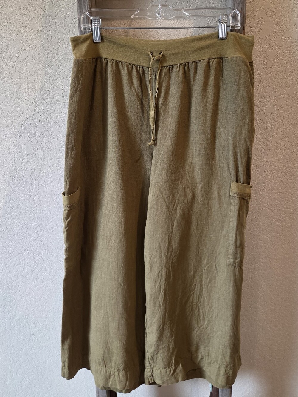 FLAX Women's Olive Green Wide-Leg Linen Drawstring Pants - Size Medium